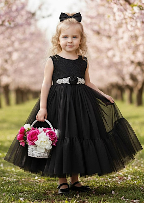 Boho & Elegant Black Flower Girl Dress  Monochromic, Gothic Weddings front view