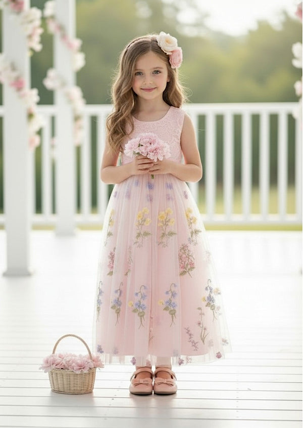 Toddler girl pink floral sleeveless flower girl dress