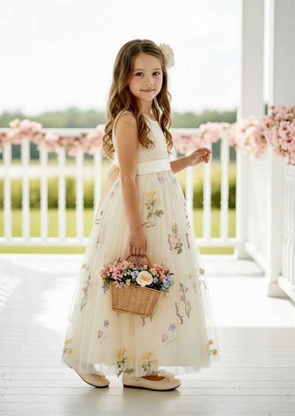 sleeveless floral flower girl dress in ivory