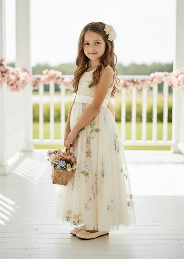 girls and junior bridesmaid floral flower girl dresses in ivory