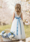 White Tulle Flower Girl Dress Gossamer Lace Top & Flowing Skirt