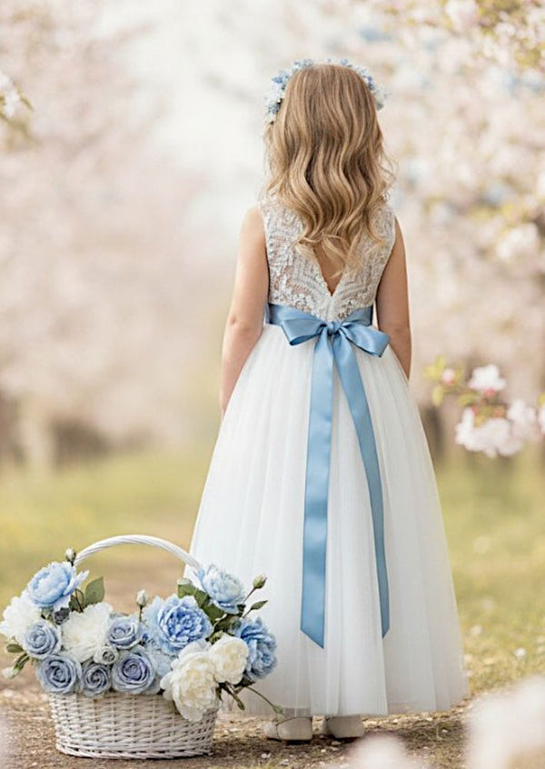 White Tulle Flower Girl Dress Gossamer Lace Top & Flowing Skirt