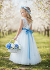 White Tulle Flower Girl Dress Gossamer Lace Top & Flowing Skirt