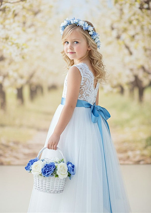 White Tulle Flower Girl Dress Gossamer Lace Top & Flowing Skirt