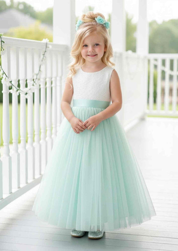 Aqua tulle and lace flower girl dress