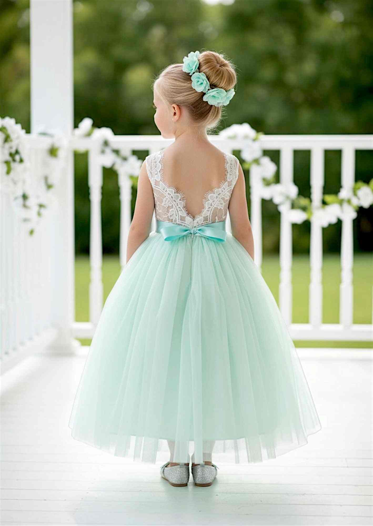 aqua backless flower girl dress