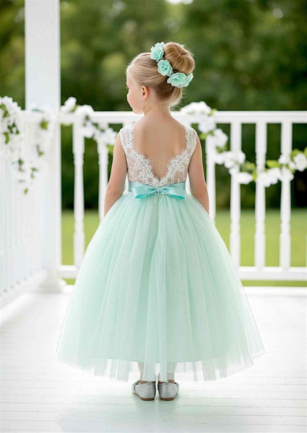 aqua backless flower girl dress