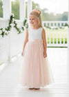 Celine Blush Sleeveless flower girl dress with white lace bodice and blush tulle skirt