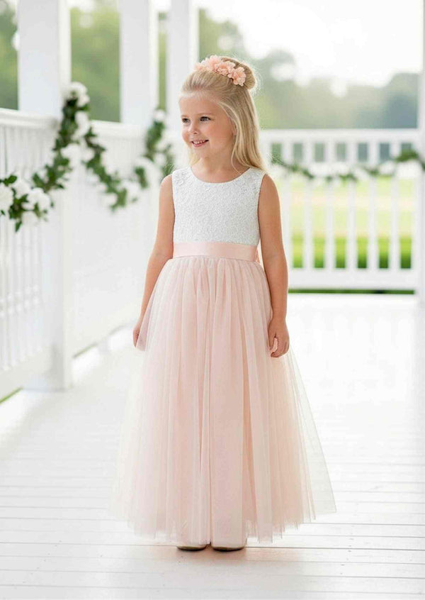 Celine Blush Sleeveless flower girl dress with white lace bodice and blush tulle skirt
