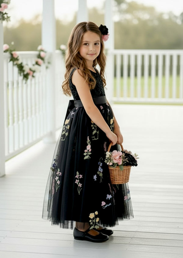 modern flower girl dresses Black Embroidered Lace Flower Girl Dress with V‑Back