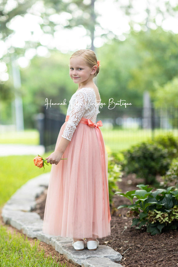 Dusty Pink and white Flower Girl Dress