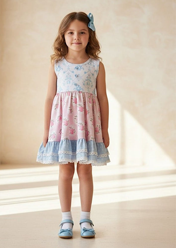 Sweet Peony Twirl Dress Pink and Blue - 