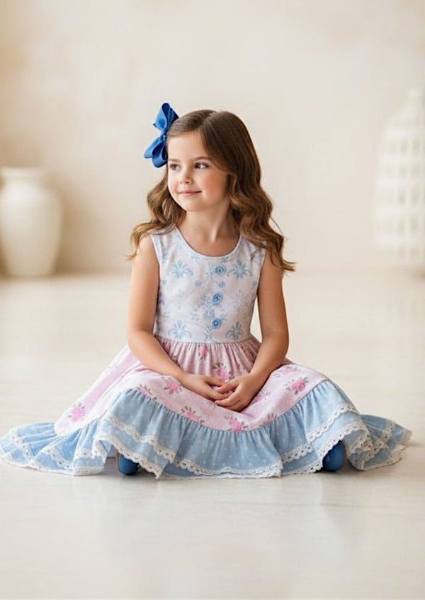 Sweet Peony Twirl Dress Pink and Blue - 