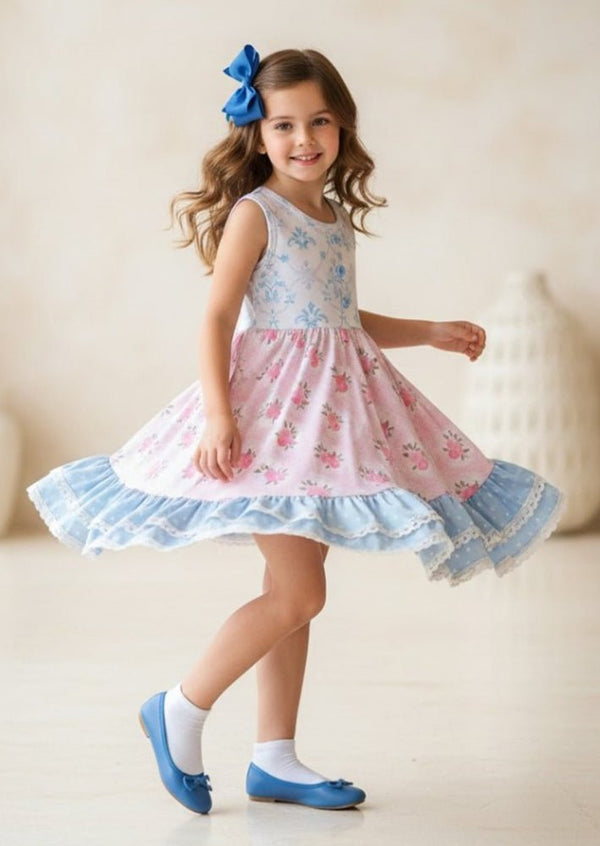 Sweet Peony Twirl Dress Pink and Blue - 