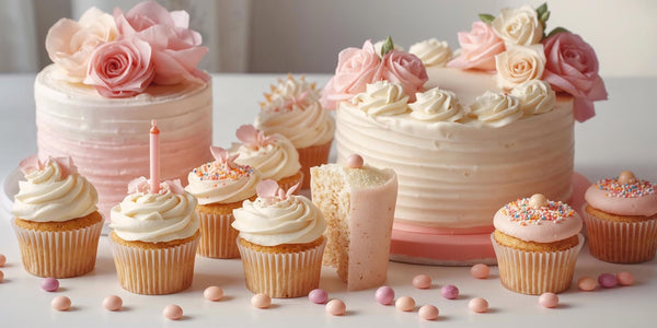 Collection of birthday cakes and cupcakes with pink and Cream frosting on a light background