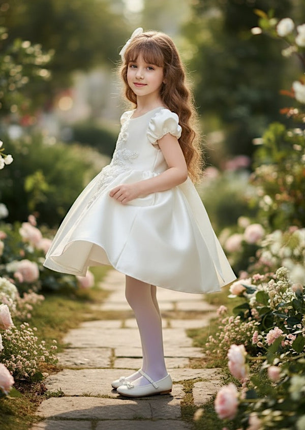 White Satin Beaded Flower Girl Dress