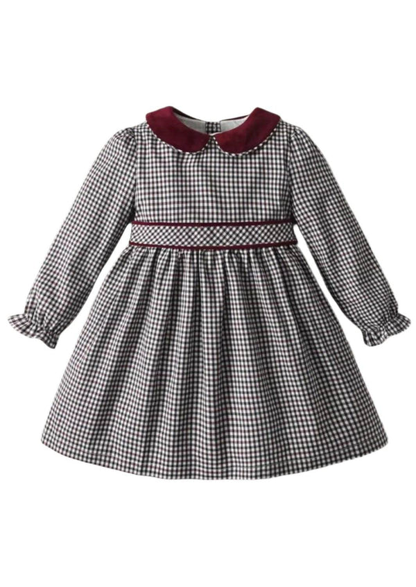 Velvet Collar Burgundy Check Dress - 