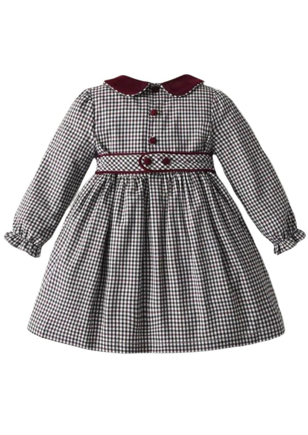 Velvet Collar Burgundy Check Dress - 