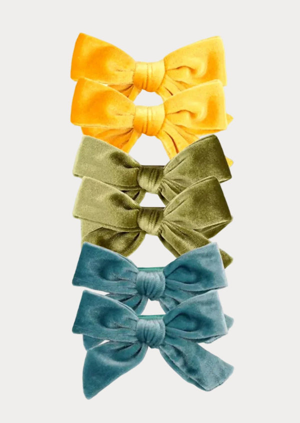 Velvet Pigtail Bows Yellow Olive Blue Set of 2 - 