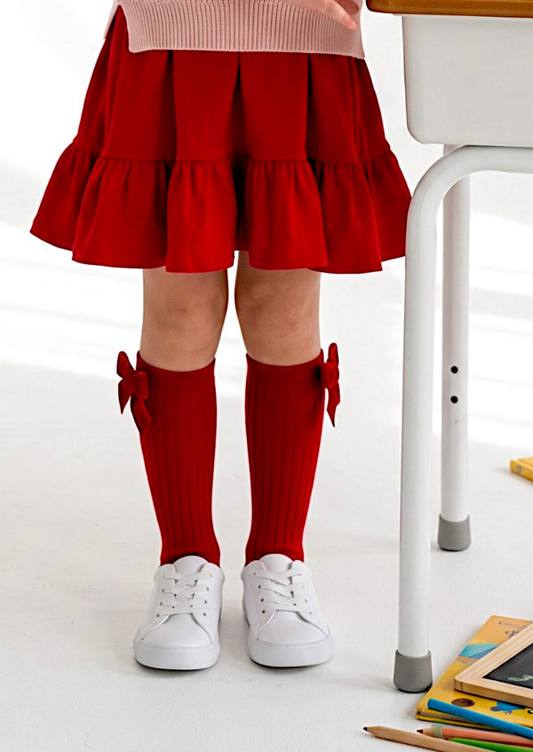 Velvet Bow Girls Knee Socks Deep Red