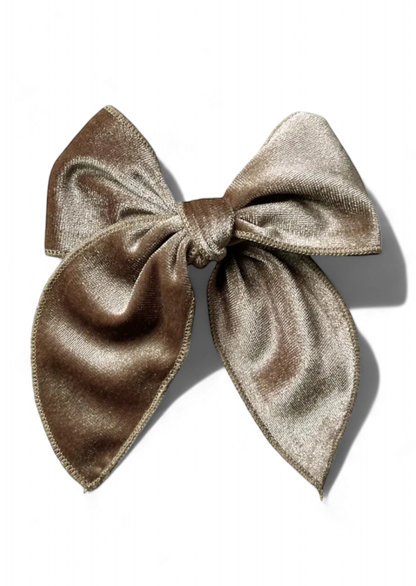 girls hand tied hair bow in tan velvet