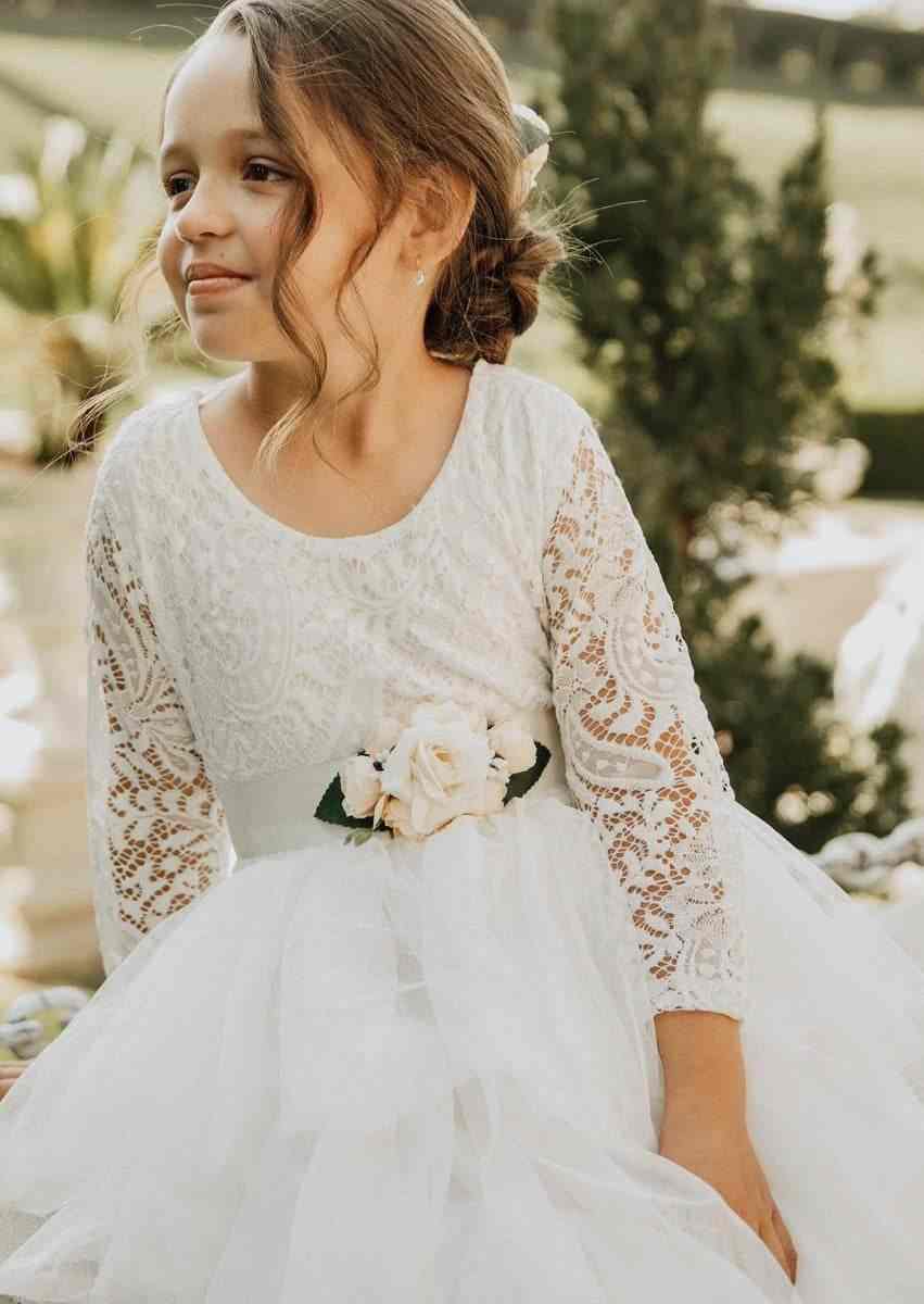 Whimsical Boho Layered Tulle Flower Girl Dress White - 