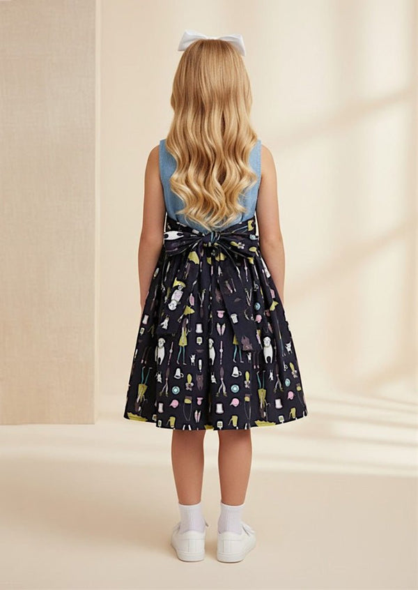 Whimsical Print Cotton Dress in Navy - 