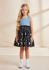 Whimsical Print Cotton Dress in Navy - 