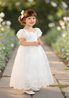 White Embroidered Lace Flower Girl Gown - 