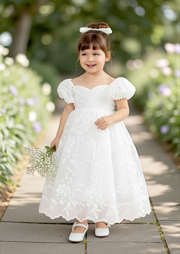White Embroidered Lace Flower Girl Gown - 