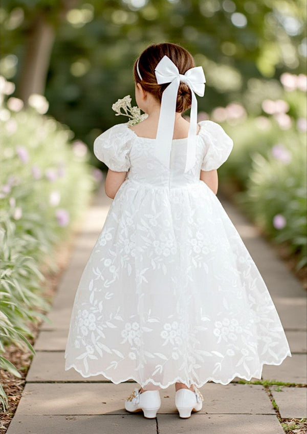White Embroidered Lace Flower Girl Gown - 