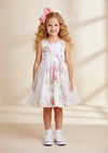 White floral lace-trim dress with pink and green florals, sleeveless cotton with tulle overlay for spring