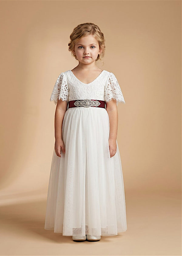 White V - Back Tulle Flutter Sleeve Flower Girl Dress - 