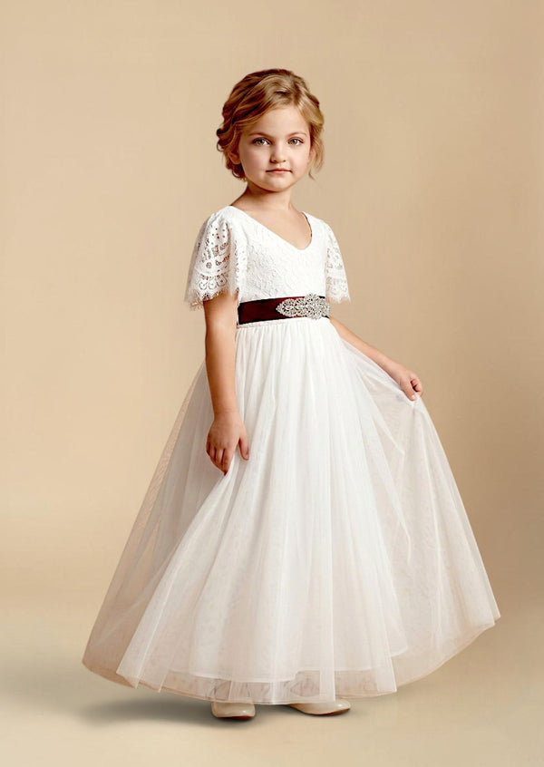 White V - Back Tulle Flutter Sleeve Flower Girl Dress - 
