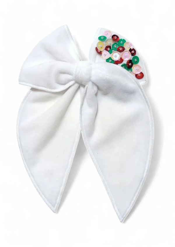 White Velvet Sequin Fable Christmas Bow - 
