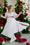 white flutter sleeve flower girl dress with burgundy sash