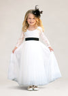 white toddler flower girl dress with sleeves and a black ribbon bow sash
