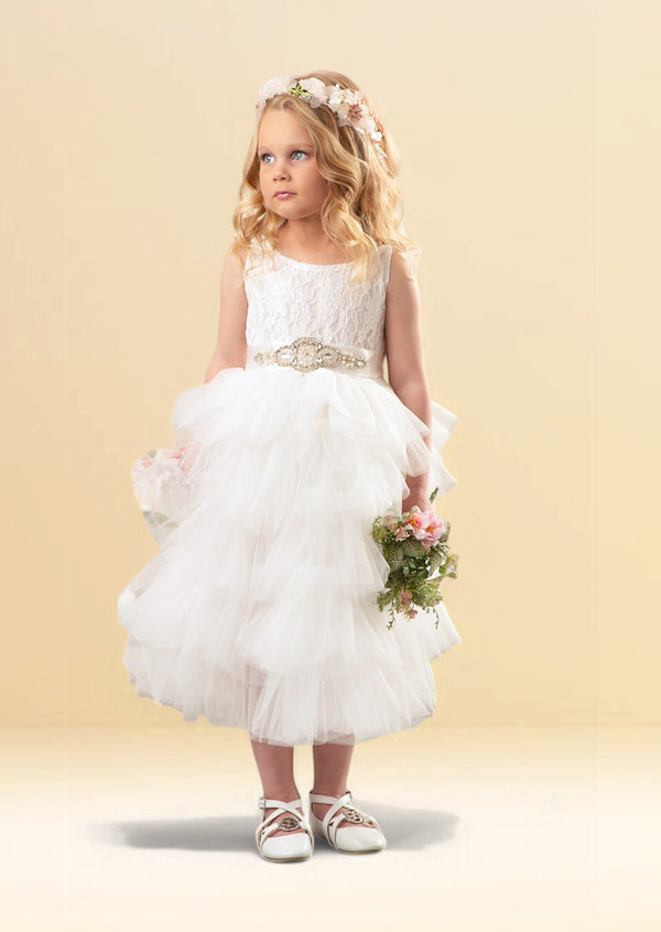 girls tea length white ruffle flower girl dresses