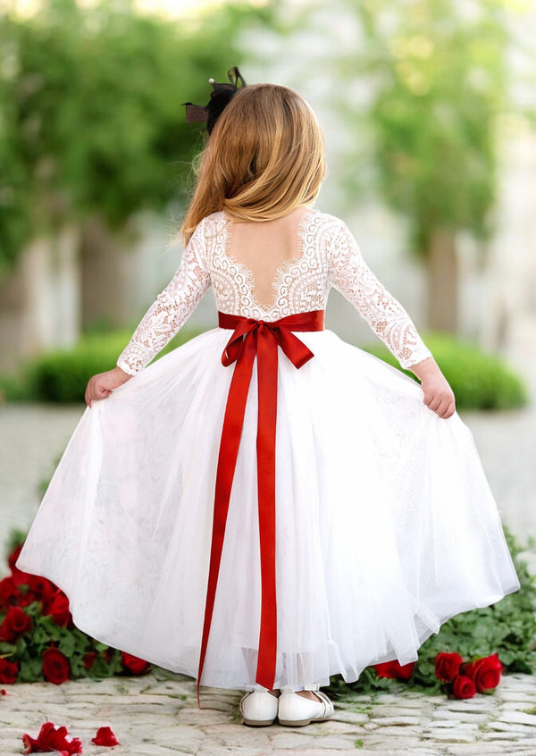 White tulle flower girl dresses with sleeves  and burgundy sash for toddlers