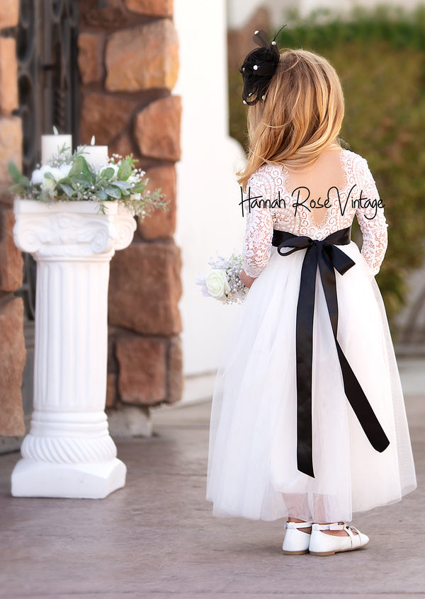 Black White Elegant Rustic Tulle Flower Girl Dress