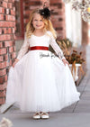 white and burgundy flower girl dress