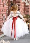 White flower girl dress with sleeves back view