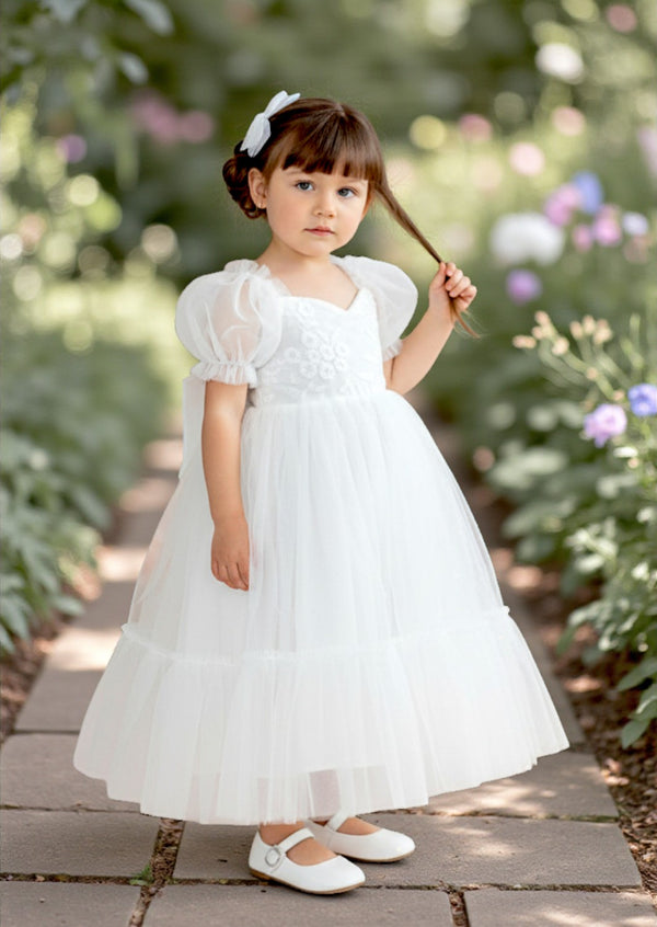 Vintage Lace Flower Girl Gown Puff Sleeves & Tulle