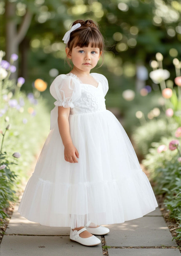 Vintage Lace Flower Girl Gown Puff Sleeves & Tulle