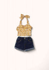 Yellow Daisy Print Top and Denim Shorts Set - 