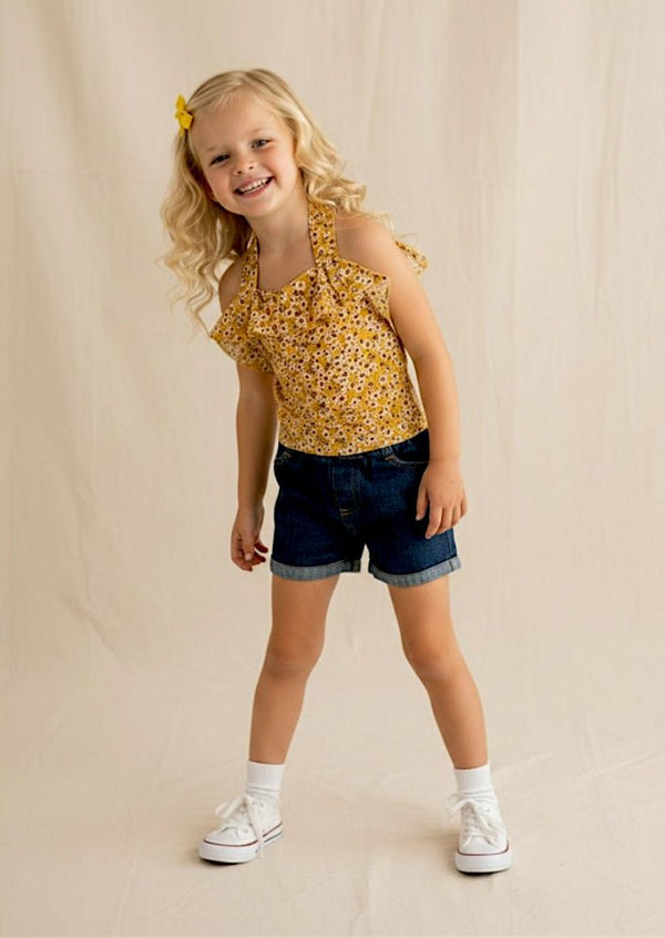 Yellow Floral Halter Top & Denim Shorts Set - 