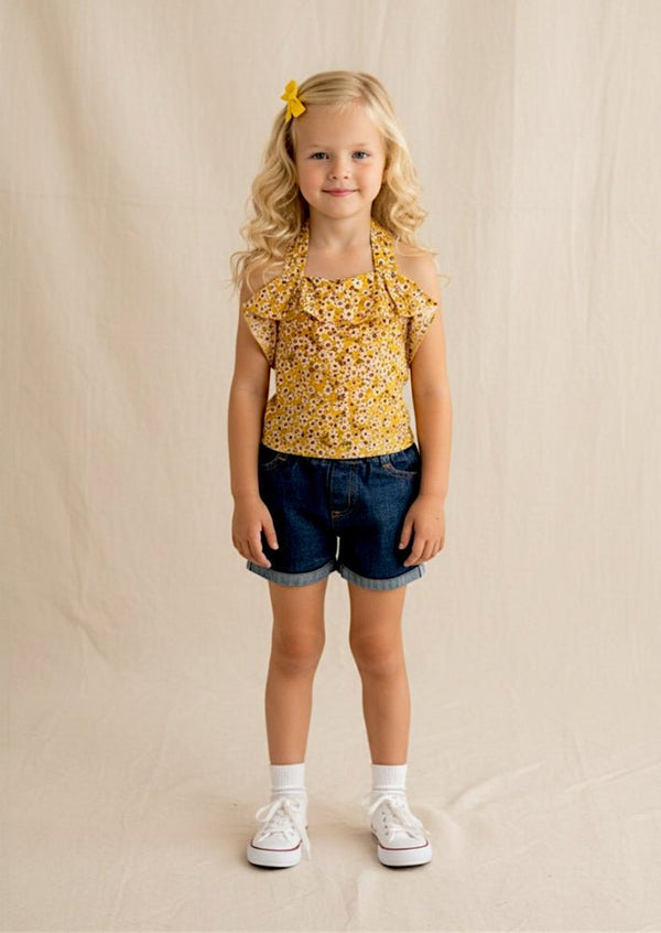 Yellow Floral Halter Top & Denim Shorts Set - 