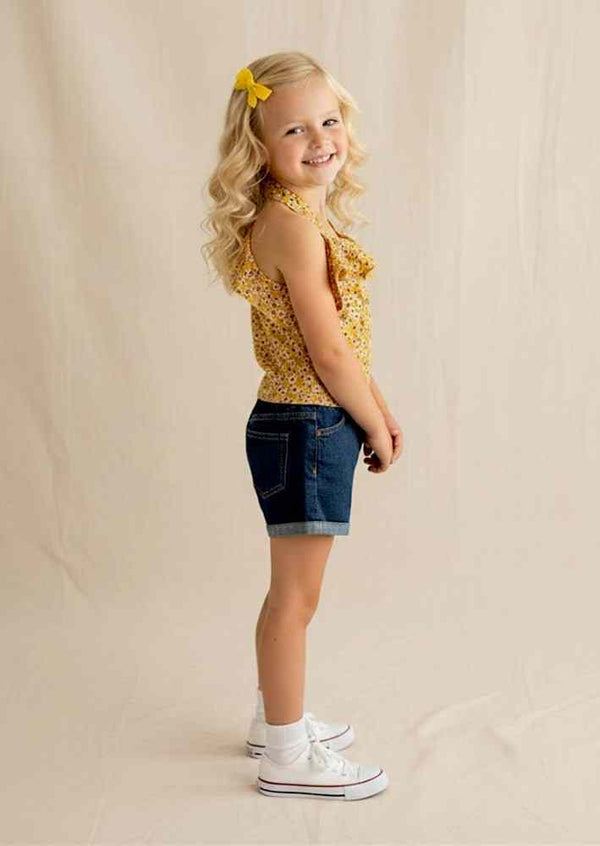 Yellow Floral Halter Top & Denim Shorts Set - 