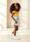Yellow Off‑Shoulder Top & Blue Floral Bow Skirt Set - 