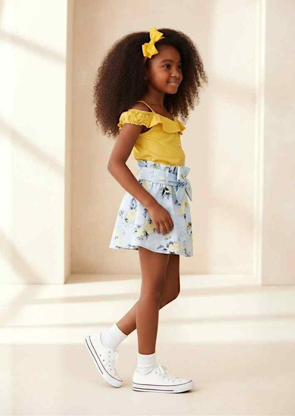 Yellow Off‑Shoulder Top & Blue Floral Bow Skirt Set - 